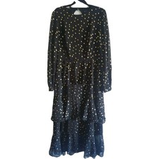 Dusk Black And Gold Polka Dot Dress Tiered Long Sleeve Midi Size 12