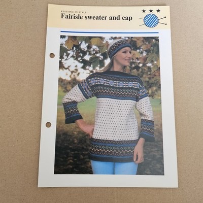 Knitting In Style Fairisle Pullover & Mütze Strickmuster Hamlyn 80er Vintage 