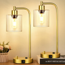 Dimmable Industrial Table Lamps with USB Port  Glass Shade - Set of 2