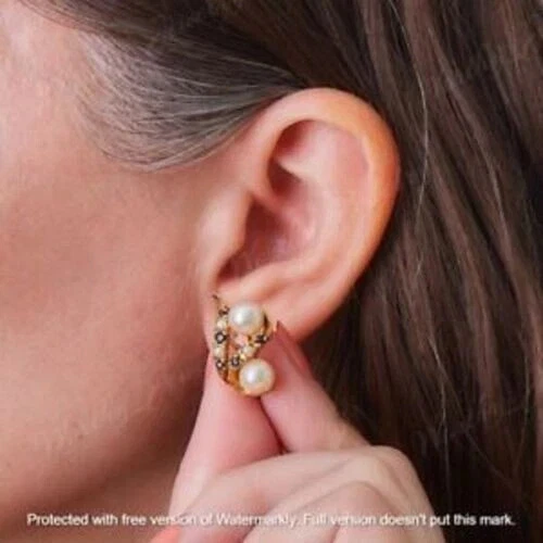 Pendientes tipo argolla antiguos de diseño de perlas amarillas creados en laboratorio de 2 quilates de oro amarillo de 14 quilates Foto 3 de 4