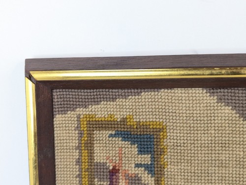Needlepoint Girl Playing Piano w/Dog 16.5” x 19.5” Wood Frame Gold Trim Portrait - Picture 20 of 24