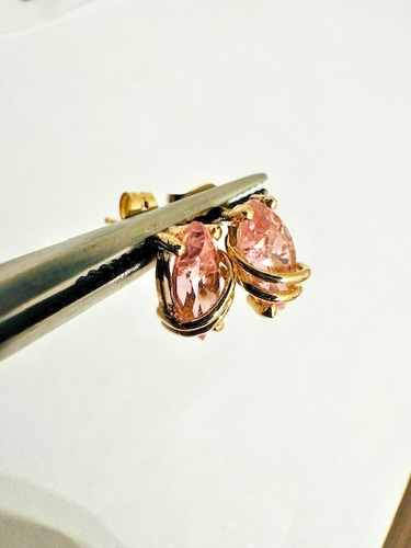 Estate 14K Yellow Gold Pink Stone Stud Earrings - 第 3/6 張圖片