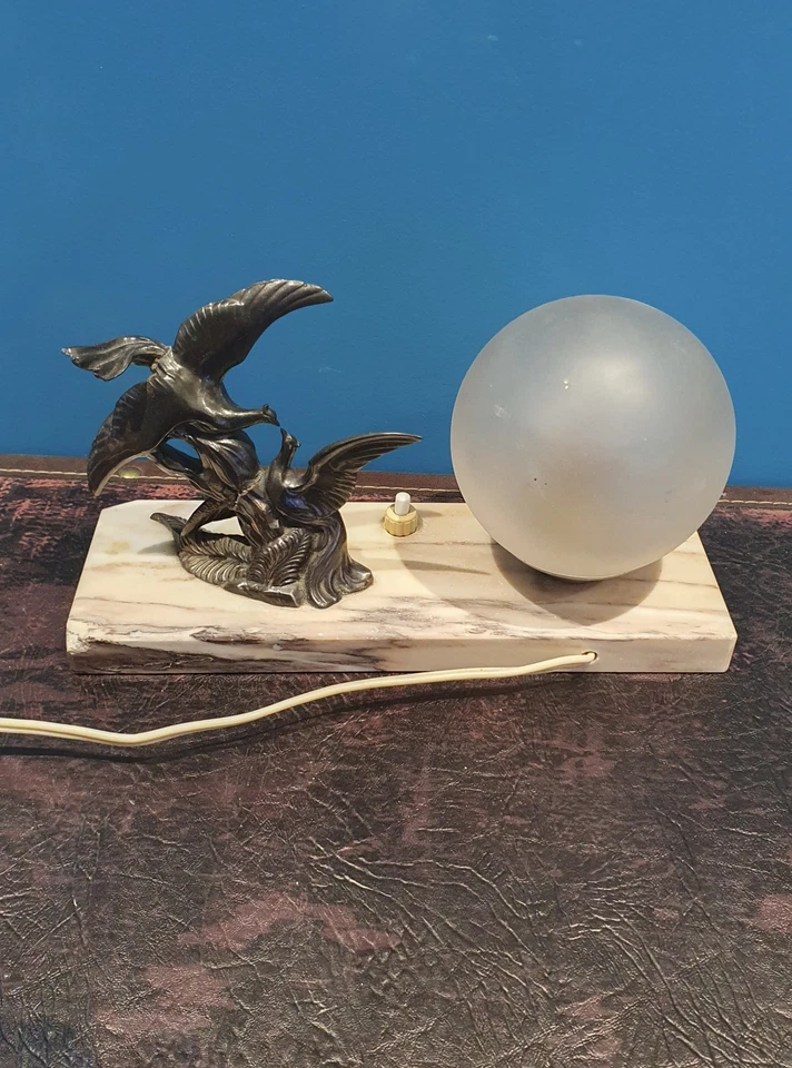 Ancienne Lampe De Chevet sur Marbre couple d'oiseaux Art Déco 1930 - Photo 4/4