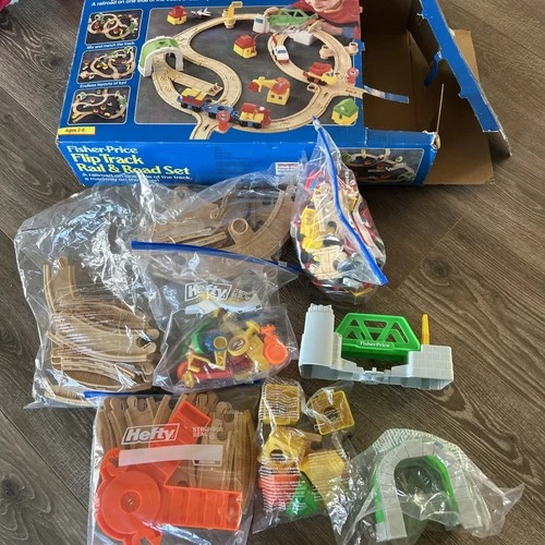 Vintage 1992 Fisher-Price Flip Track Train Car Railroad Road & Rail Set + Extras
