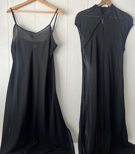 Vintage Donna Rocco Cheongsam Sheer Black Dress with Slip Dress Rayon 16