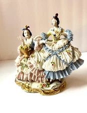 Vintage Germany Dresden Lace Porcelain Figurine Ladies  8” x 8" May Day Flowers