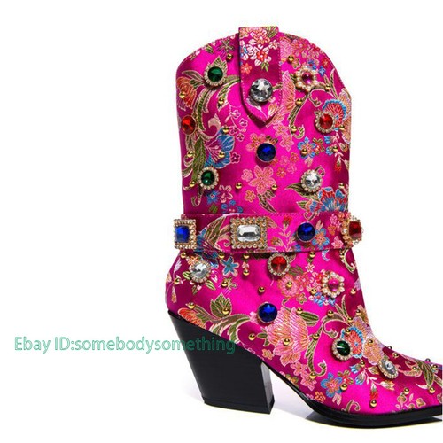 Women's Pointed Toe Side Zipper Embroidered Rhinestone Leather Plus Size Boots - Picture 21 of 30