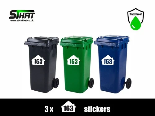 3 x Wheelie Bin Stickers House Numbers Letters Wheelie Dustbin Peel & Stick Sign - Picture 1 of 11