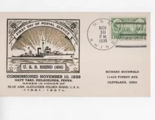 USS Rhind 1939  1st day postcard  nice thermographic M Fay Muridge cachet