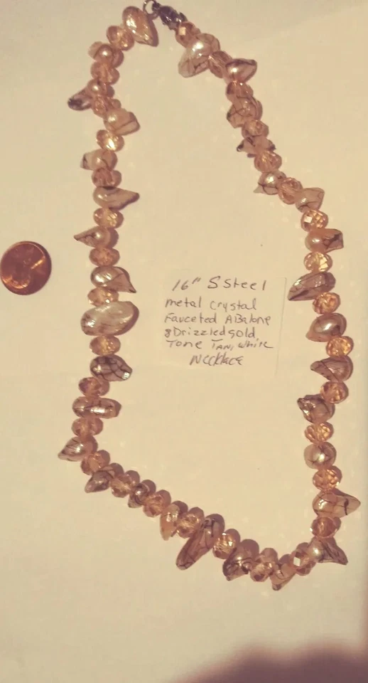 S.Steel blanco, bronceado dorado llovizna abulón, grifo cristal cuentas collar 16" Foto 2 de 4