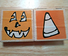 Lot of 2 Halloween Rubber Stamps, Candy Corn, Jack-o-Lantern Face, Pumpkin