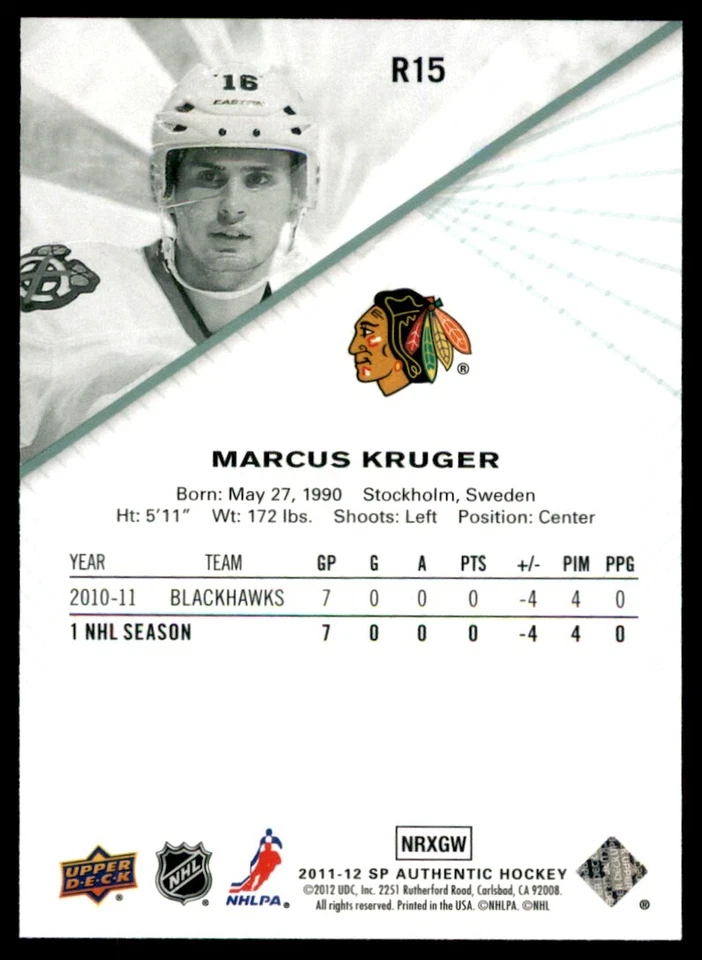2011-12 SP Authentic Rookie Extended Marcus Kruger #R15 - Image 2 of 2