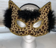 CAT/CHEETAH FACE MASK/HEADBAND PLUSH GOLD  FEATHER ACCENTS