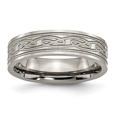 Chisel Titanium Polished Laser Etched 6mm Celtic Knot Flat Band S:8