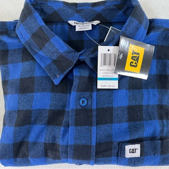 CATERPILLAR BUFFALO PLAID FLANNEL MENS BUTTON DOWN SHIRT MEMPHIS BLUE XL NWT $60