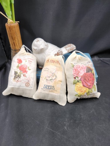 Country Shabby Chic Handmade Decor Tea Bags w/Transfers Set/3 Cream/Multicolor - Picture 2 of 36