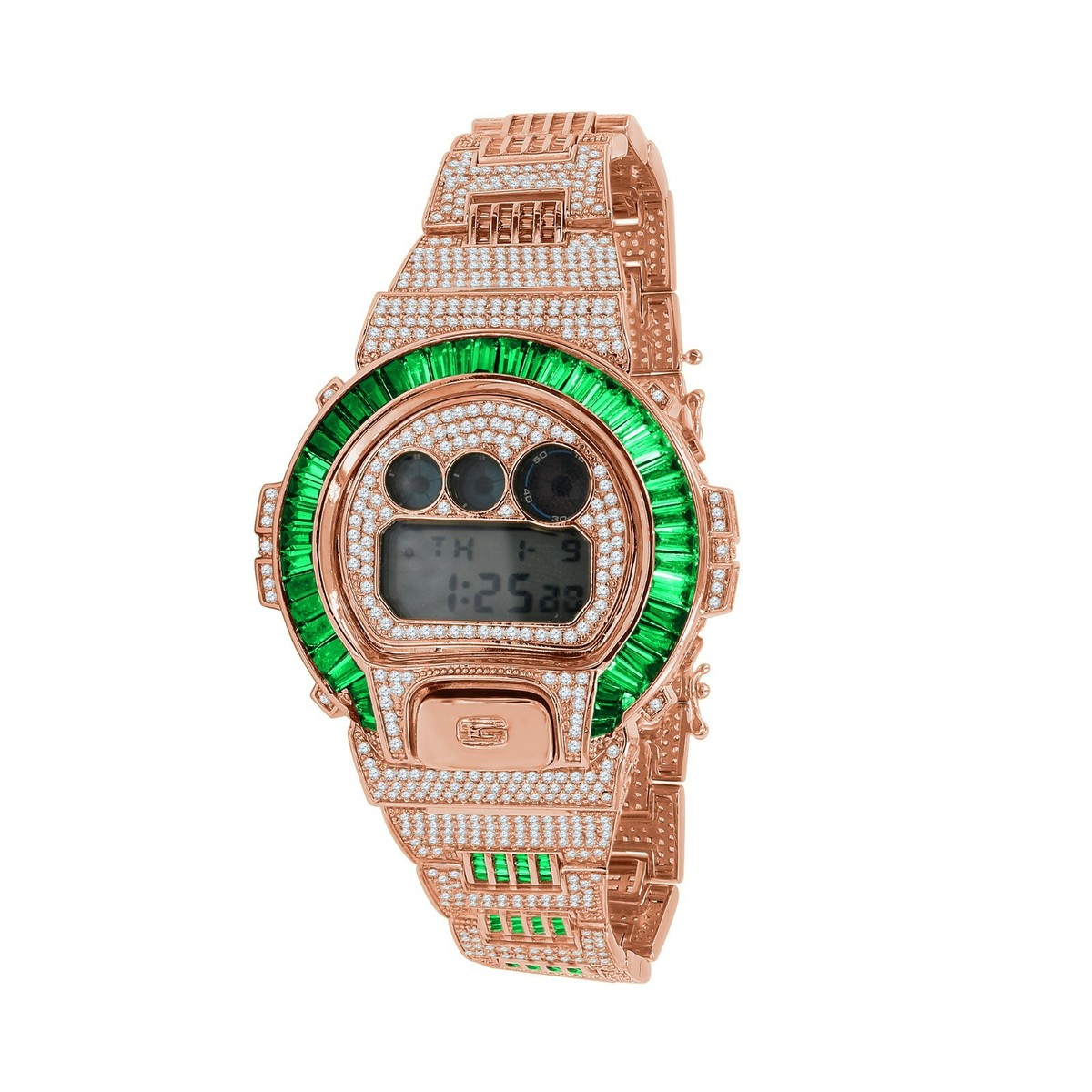 Icy Authentic Green Emerald Baguettes On Rose Gold Casio G-Shock