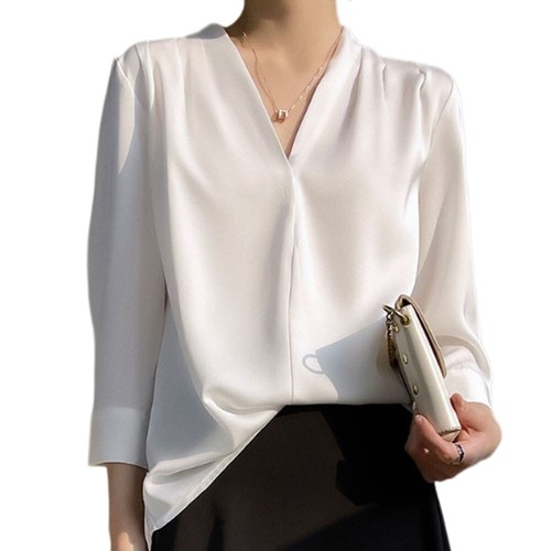 Blusa Top Mujer Suave Satén Seda Lisa Damas Informal Suelta Cuello en V OL Trabajo - Imagen 11 de 17