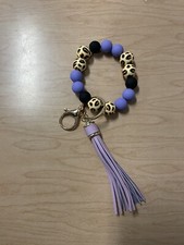 Purple Leopard Wooden Beaded Wristlet Keychain With Tassel