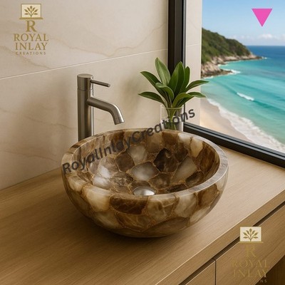 Handmade Smoky Quartz Stone Sink Bowl   Textured Luxury Bathroom Basin 15''