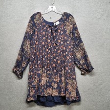 Free People Women Dress L Navy Floral Lucky Loosie Swing Boho Scoop Neck