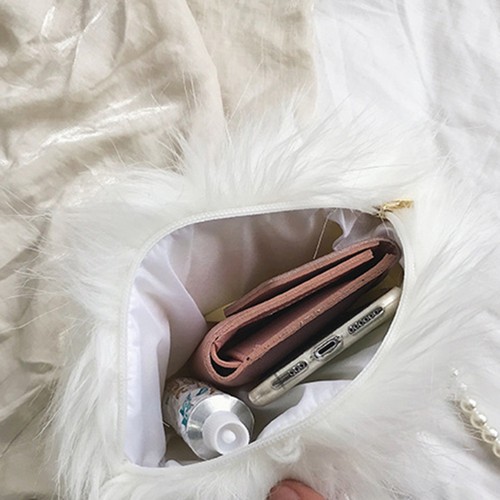Fuzzy Flap Shoulder Bag White Hairy Plush Crossbody for Woman Round - Picture 7 of 12