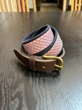 Vineyard Vines Whale Belt Pink Navy Silk Ribbon Leather Brass Buckle Size 28