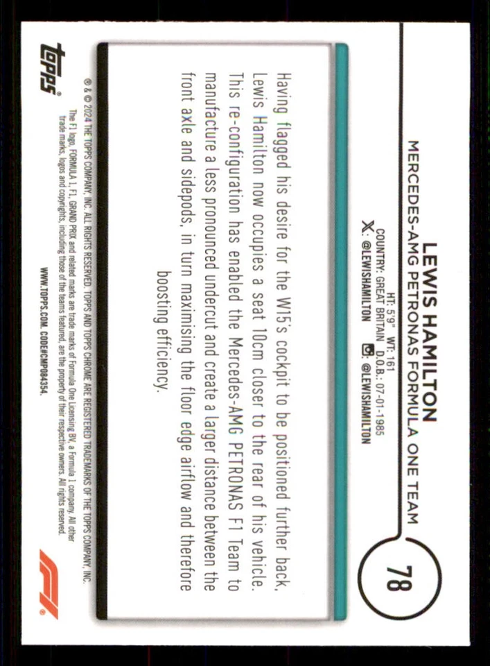 2024 Topps Chrome Formula 1 #78 Lewis Hamilton CAR - Image 2 of 2