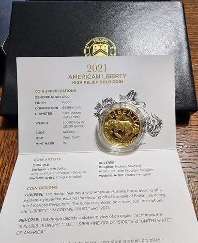 2021-W American Liberty $100 Gold Proof High Relief 1 oz .9999 OGP COA