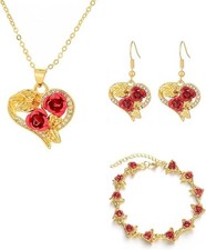 Luxury Gold Tone Red Rose Heart Jewelry Set Necklace Earrings Bracelet