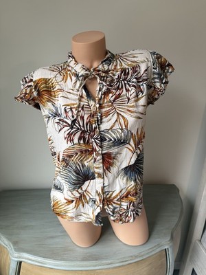 Tropical Coastal Top Palm Floral Sz L Summer Casual Boho Granola Fall Linen Blnd