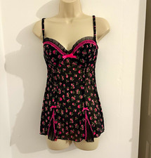 Y2K 2000s Ann Summers Black & Pink Floral babydoll lingire dress - Size 10-12