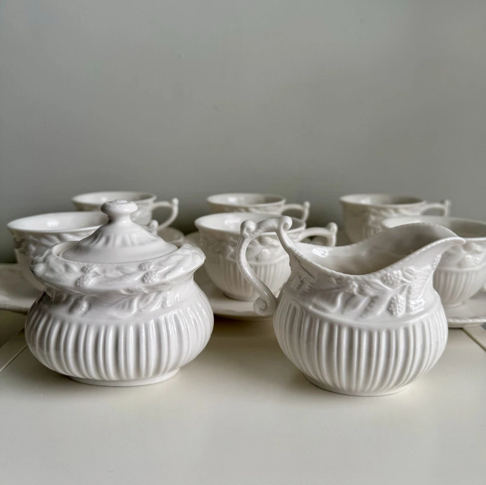 GRACE’S TEAWARE Porcelain White Embossed Fruit/berry Vine 14 Piece Set MINT - Image 3 of 4