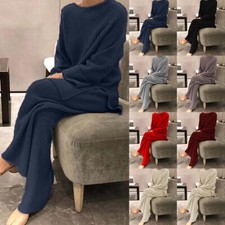 Women's Knitted Sweater Suit Co-ord Top Loose Pants Ladies Lounge Tracksuit Set