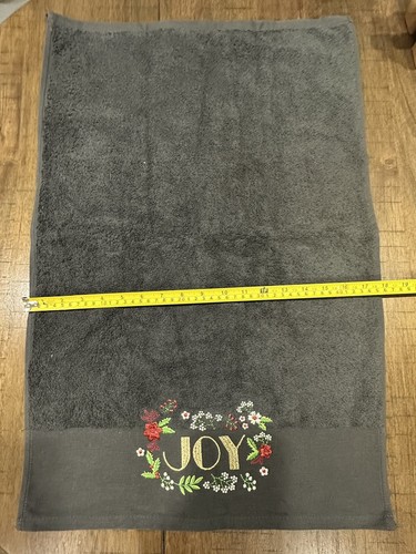 New Balsam & Fir Embroidered “JOY”Christmas Hand Towel Dark Gray Holly Flowers - Picture 4 of 7