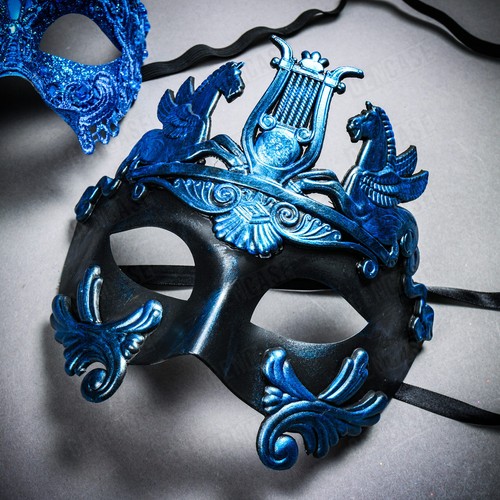 Venetian Couple Party Men Emperor & Women Side Peacock Feather Blue Face Mask - Picture 2 of 2