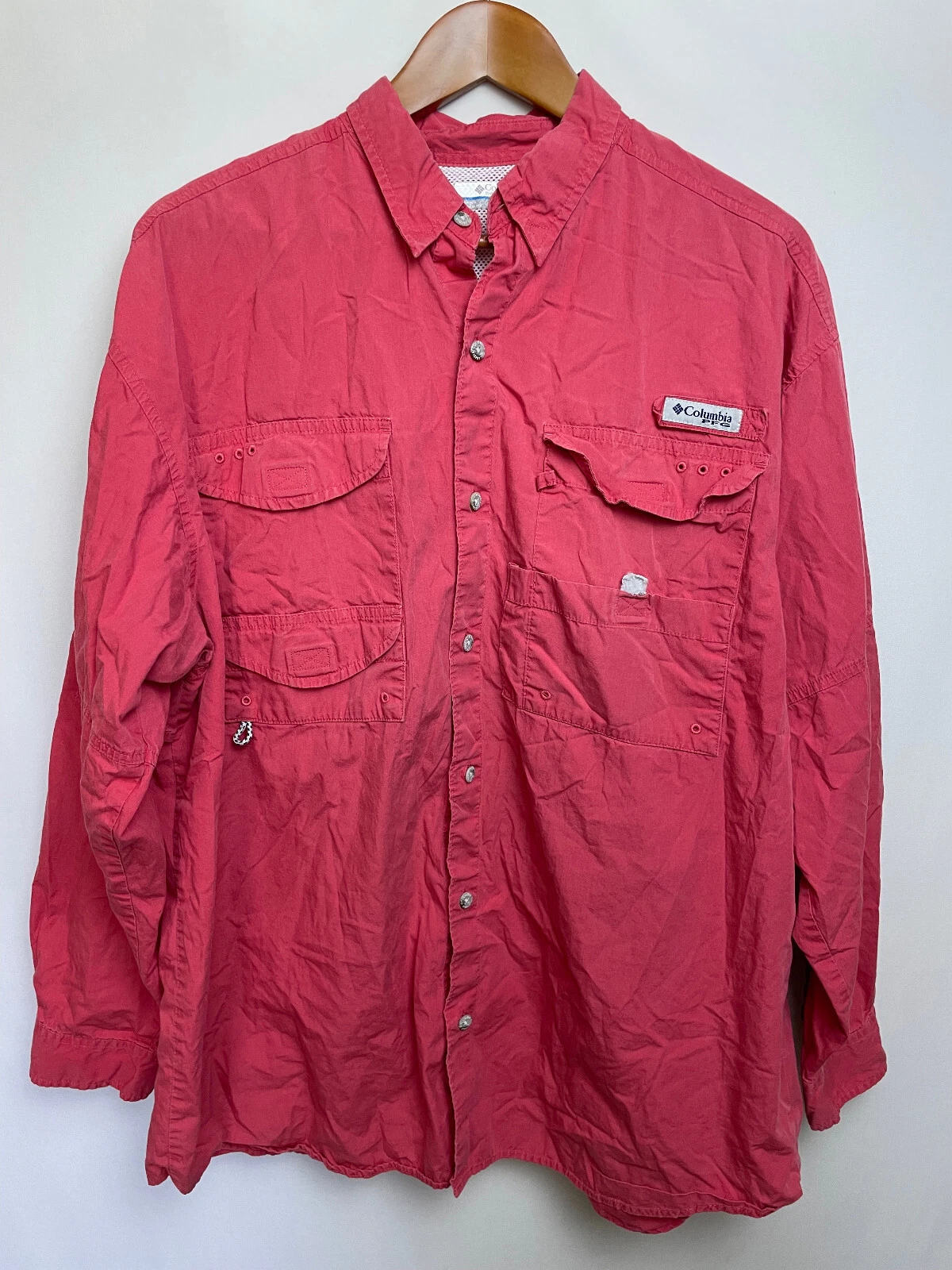 Columbia PFG Mens Fishing Shirt Size L Red Vented Long Sleeve Button Down Hiking