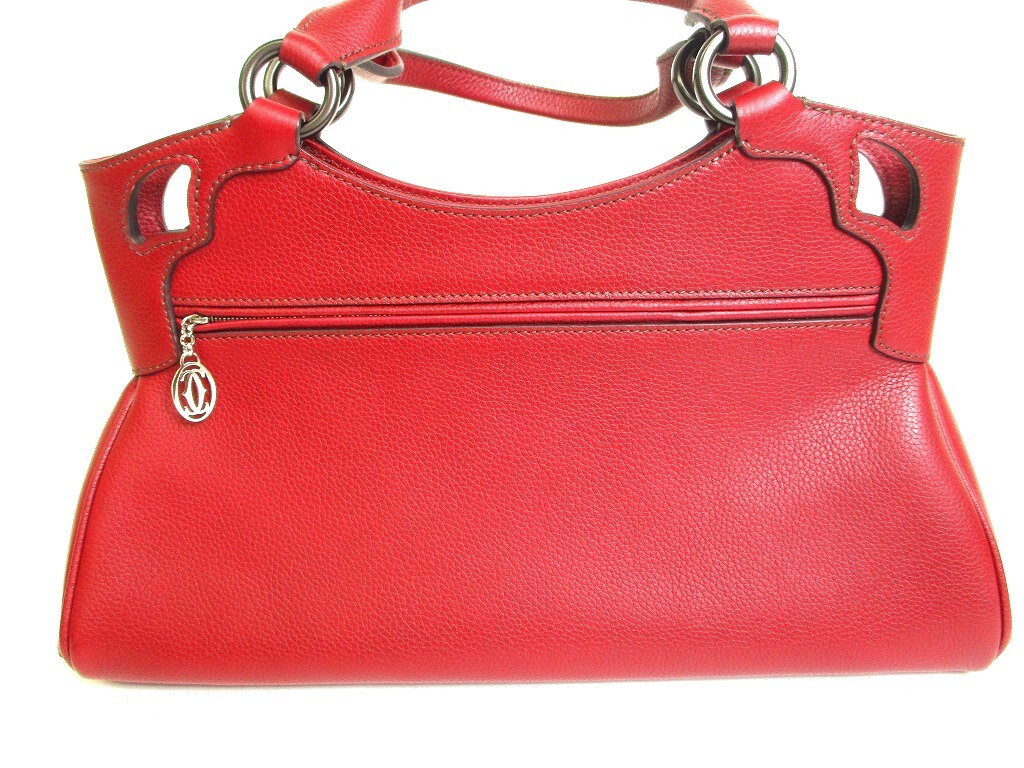 Auth Cartier Wine Red Calf Leather Hand Bag Purse Marcello