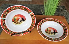 Tienshan ORANGE HORSES SOUTHWEST Rim Pasta Salad Bowls 8 1/2" SET OF 2