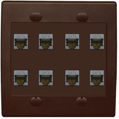 RiteAV - Cat6 Shielded Wall Plate 8 Port - Flat 2 Gang [Brown/Brown]