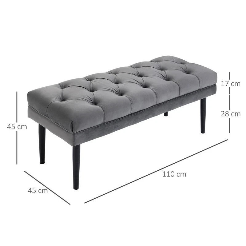 Grey Velvet End of Bed Bench Upholstered Button Tufted Hallway Seat 110cm - Image 3 of 4