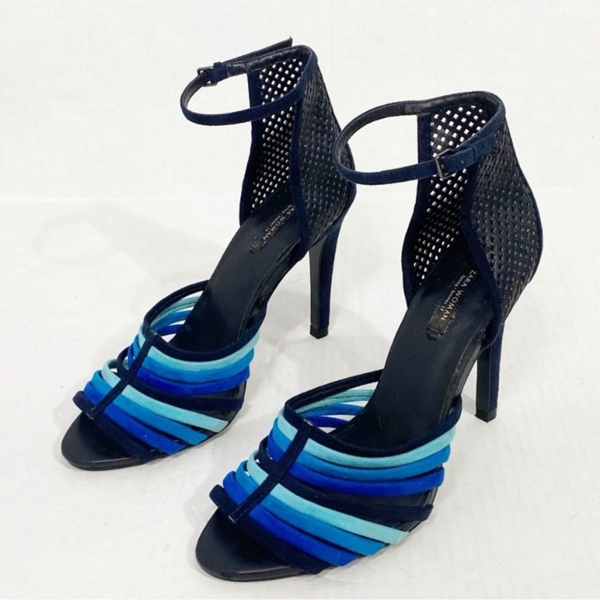 ZARA Woman Blue Strappy Perforated Ankle Strap Heels Blue Suede