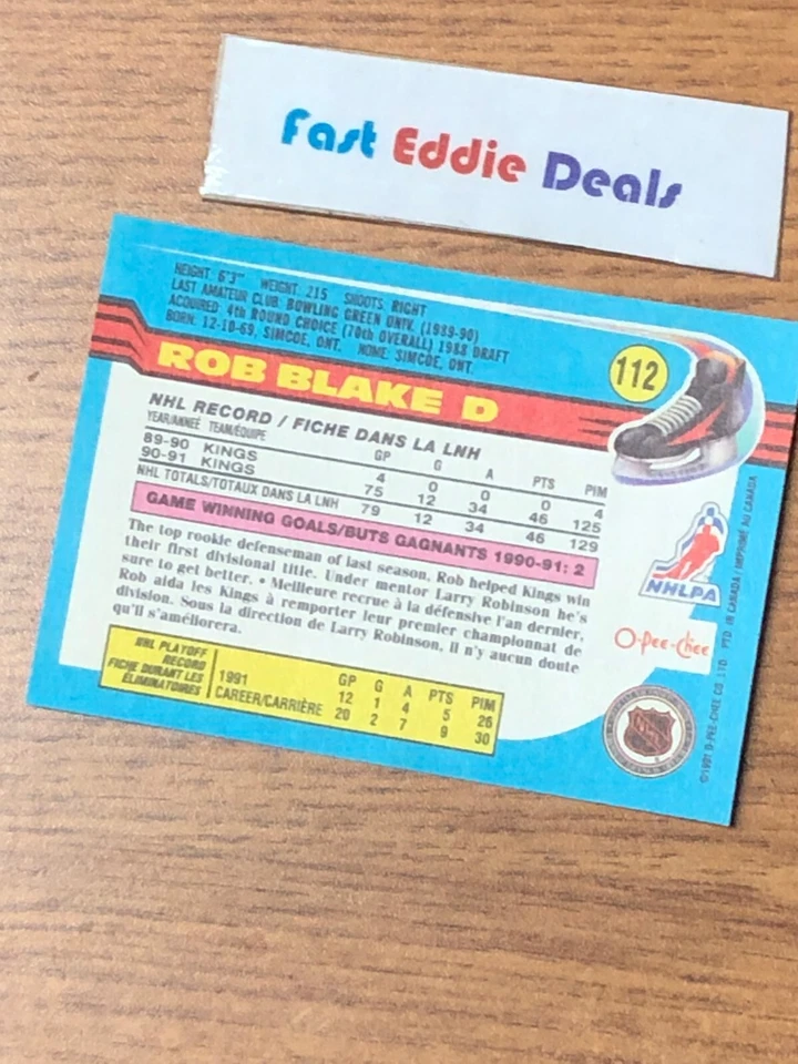 1991-92 O-PEE-CHEE NHL HOCKEY ROB BLAKE CARD 112 LOS ANGELES KINGS EXCELLENT - Image 2 of 2