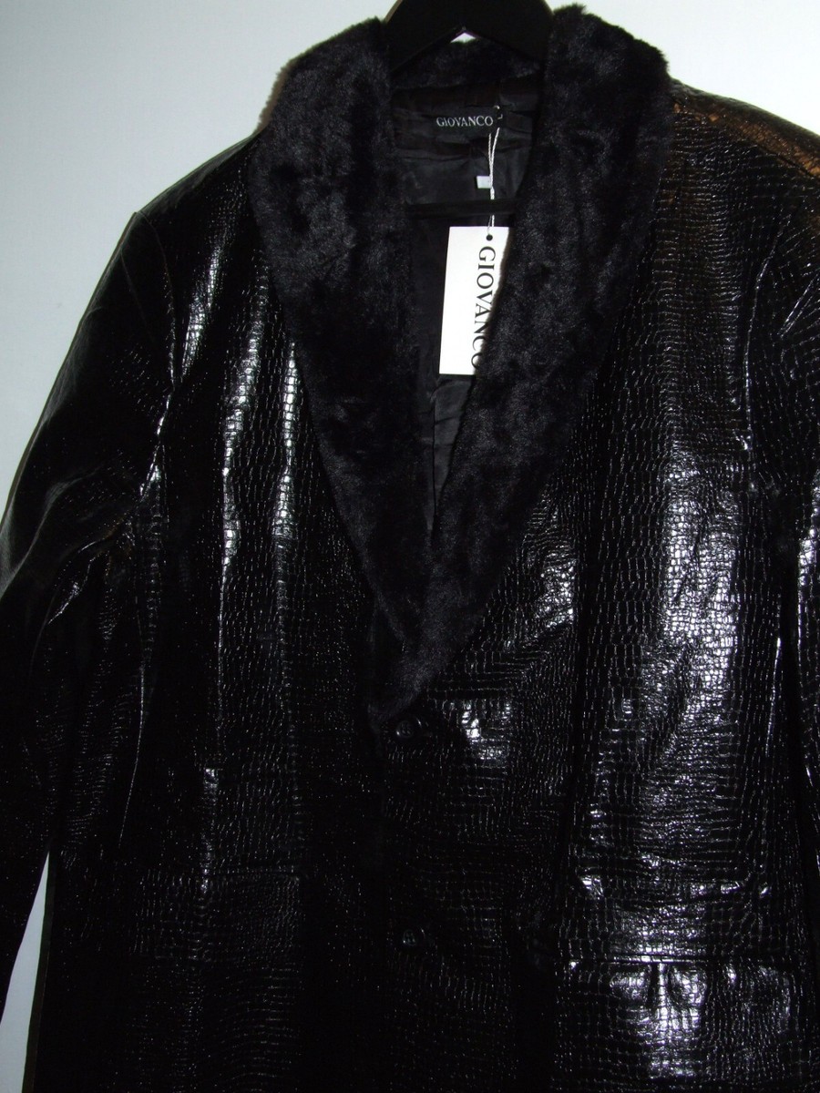 Giovanco Men's Crocodile Pattern PU Leather Coat w/Faux Fur Lapels