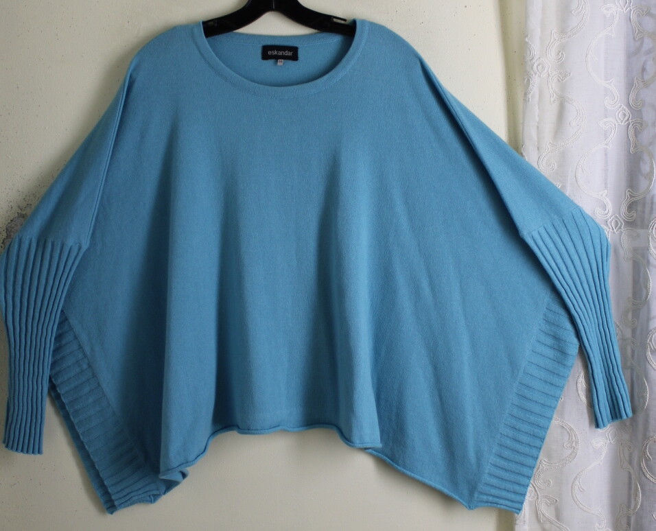 Eskandar O/S Turquoise Vibrant Blue Cashmere Silk Open Side Poncho Sweater Top