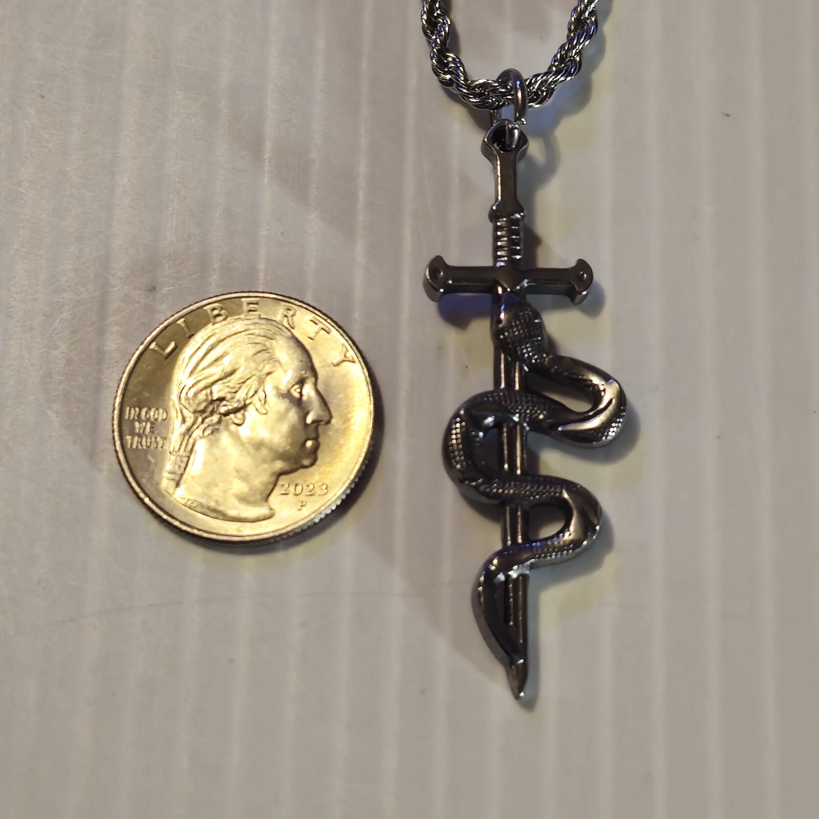 STAINLESS STEEL SWORD & SNAKE Pendant Charm / 18"-24" CHAIN 3MM NECKLACE