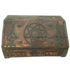 Antique c1900s Folk Art Leather Desktop Stationary Chest Trunk