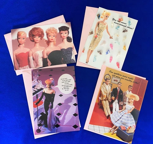 1994 Set of 4 Hallmark Vintage Barbie Scenes Greeting Cards + Pink Envelopes