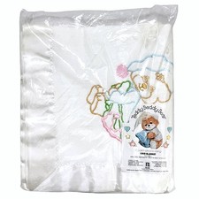 Vintage Teddy Beddy Bear Baby Crib Blanket Satin Trim 36x50 Riegel USA Made New