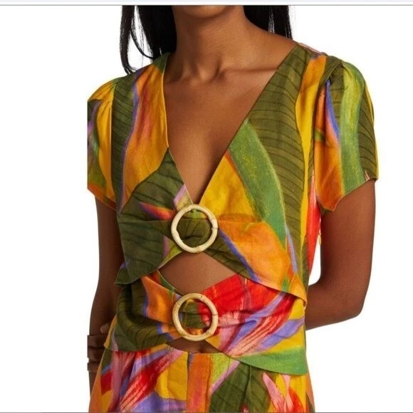 Vestido Midi G1N con etiquetas FARM Rio L Amarillo Jardín Lino Recortado Tropical Colorfu Foto 3 de 4